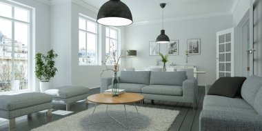 Modern parlak skandinavian iç tasarım oturma odası