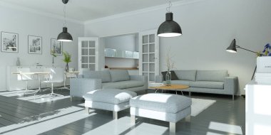 Modern parlak skandinavian iç tasarım oturma odası