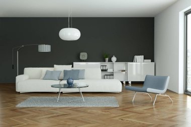 Modern parlak skandinavian iç tasarım oturma odası