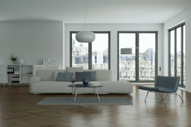 Modern parlak skandinavian iç tasarım oturma odası