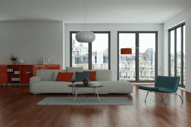 Modern parlak skandinavian iç tasarım oturma odası