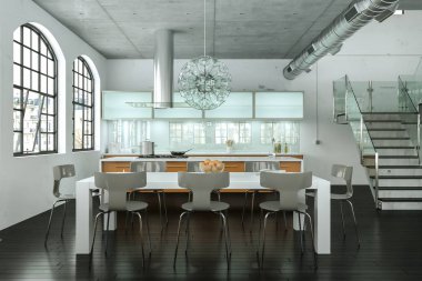 çatı katı iç tasarım modern aydınlık yemek salonunda