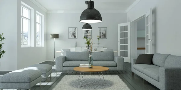 现代明亮 skandinavian 室内设计起居室 — 图库照片