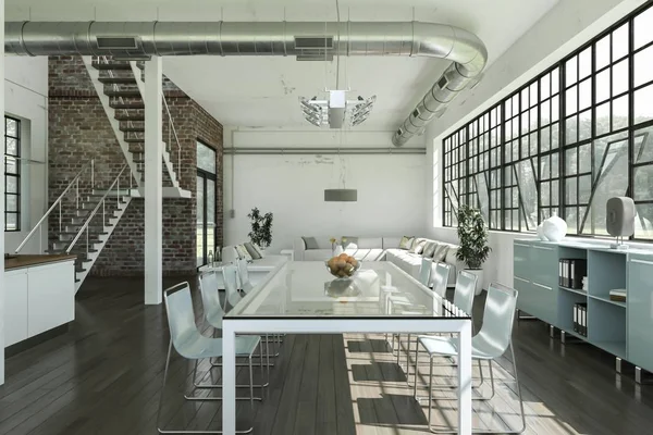 modern bright dining room in loft interior design