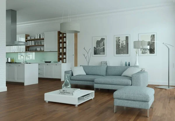 Modern bright flat interior design with sofa