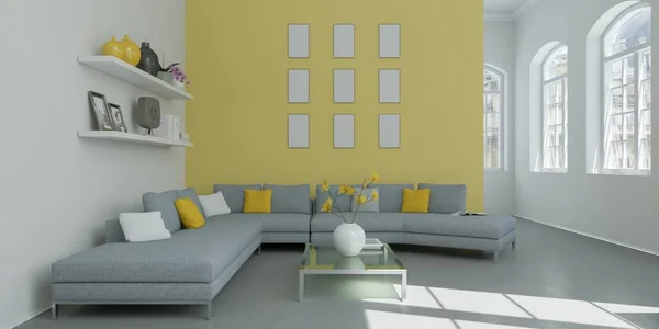 Moderno design interno luminoso e piatto con accenti gialli — Foto Stock