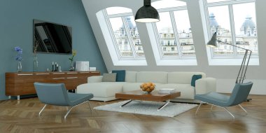 Modern parlak skandinavian iç tasarım oturma odası