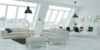 Modern parlak skandinavian düz iç tasarım