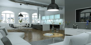 Modern parlak skandinavian iç tasarım oturma odası