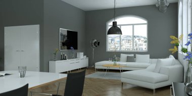 Modern parlak skandinavian iç tasarım oturma odası