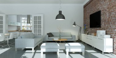 Modern parlak skandinavian iç tasarım oturma odası