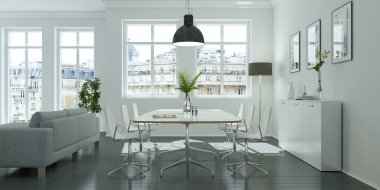 Modern parlak skandinavian düz iç tasarım