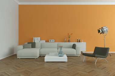 Modern parlak skandinavian iç tasarım beyaz kanepe ve turuncu Duvar ile