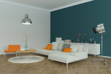 Modern parlak skandinavian iç tasarım beyaz kanepe ve mavi duvar ile