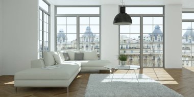 Modern parlak skandinavian iç tasarımı ile beyaz kanepe