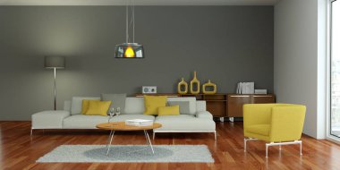 Modern sarı oturma odası iç tasarım