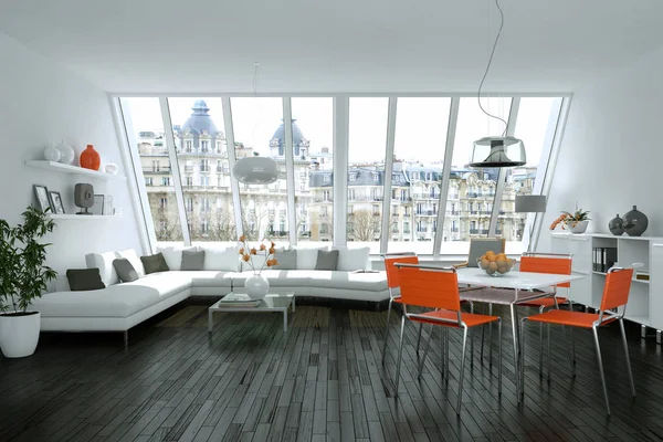 Modern fényes skandinavian belsőépítészeti fehér kanapé és narancssárga székekkel — Stock Fotó