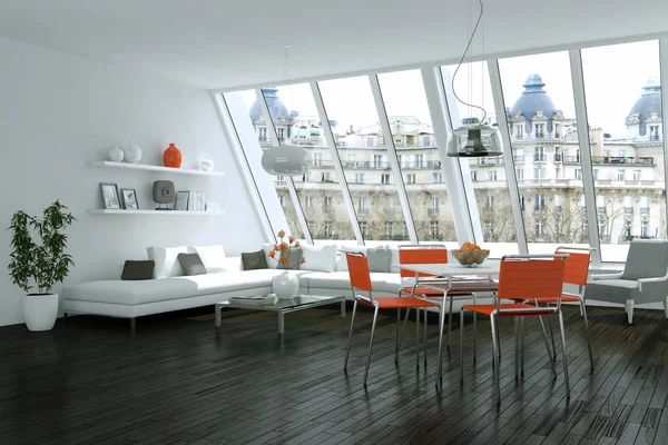 Moderno design de interiores skandinavian brilhante com sofá branco e cadeiras laranja — Fotografia de Stock