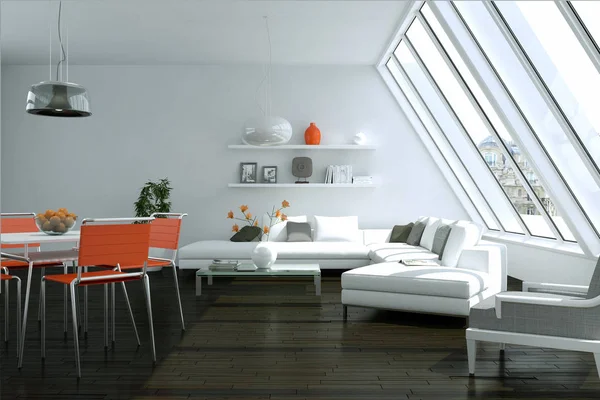 Modern fényes skandinavian belsőépítészeti fehér kanapé és narancssárga székekkel — Stock Fotó