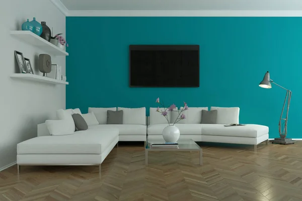 Modern desain interior skandinavia cerah dengan sofa putih dan dinding biru — Stok Foto