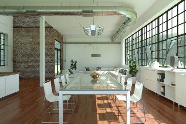 Loft moderne et lumineux design intérieur avec salon et salle à manger blancs — Photo