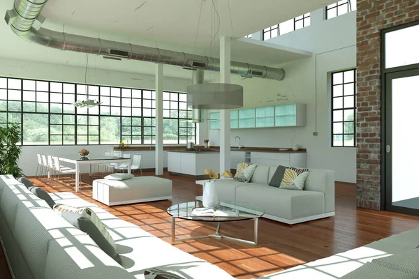 Modern parlak çatı iç tasarım beyaz oturma ve yemek odası ile