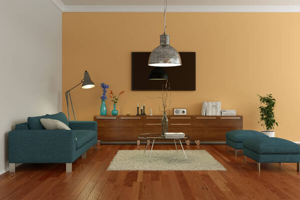 modern bright skandinavian interior design with blue sofas and orange wall