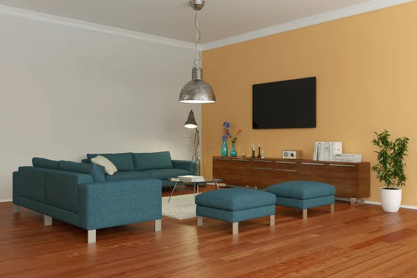 Desain interior skandinavia modern yang cerah dengan sofa biru dan dinding oranye — Stok Foto