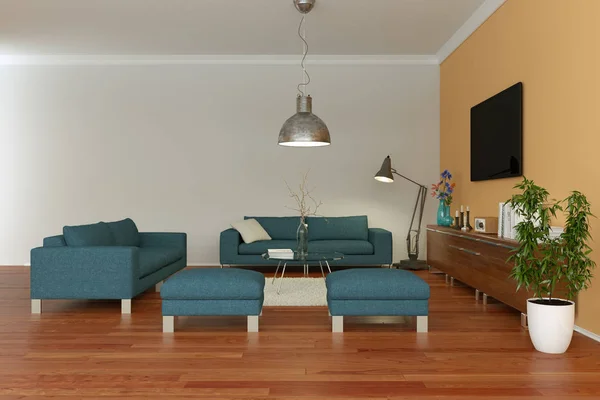 Moderno design interno skandinavo luminoso con divani blu e parete arancione — Foto Stock