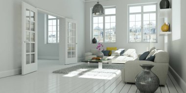 Modern beyaz oturma odası iç tasarım