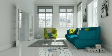 Modern beyaz oturma odası iç tasarım ile yeşil kanepe