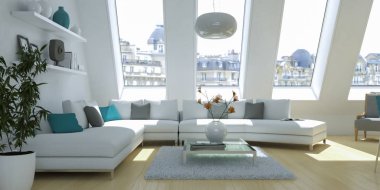 Modern beyaz oturma odası iç tasarım