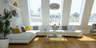 Modern beyaz oturma odası iç tasarım