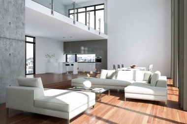 Modern parlak çatı katıyla büyük Windows iç tasarım