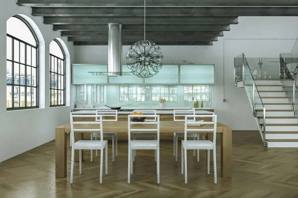 Современный светлый обеденный зал скандинавского дизайна интерьера — стоковое фото