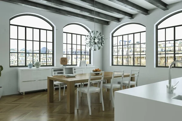 Moderno sala de jantar brilhante skandinavian design de interiores — Fotografia de Stock