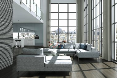 Modern parlak çatı katıyla büyük Windows iç tasarım