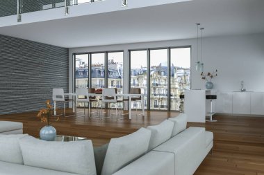 Modern parlak çatı katıyla büyük Windows iç tasarım