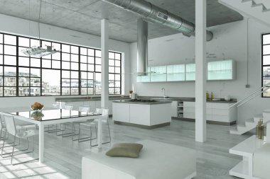 Modern parlak çatı katıyla büyük Windows iç tasarım