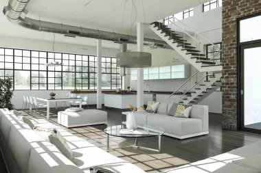 Modern parlak çatı katıyla büyük Windows iç tasarım