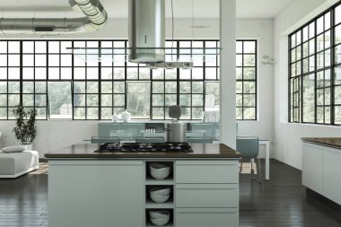 Modern parlak çatı büyük Windows iç tasarım 3d çizim