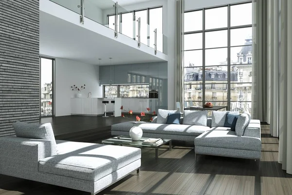 Modern parlak çatı katıyla büyük Windows iç tasarım