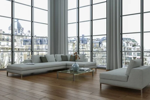 Modern bright loft with big Windows interior design — Stock Photo, Image