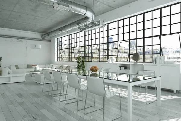 Moderno loft luminoso con grandes ventanas de diseño de interiores — Foto de Stock