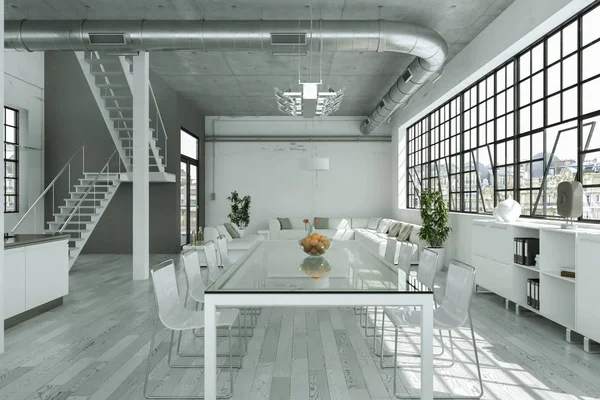 Moderno loft luminoso con grandes ventanas de diseño de interiores — Foto de Stock