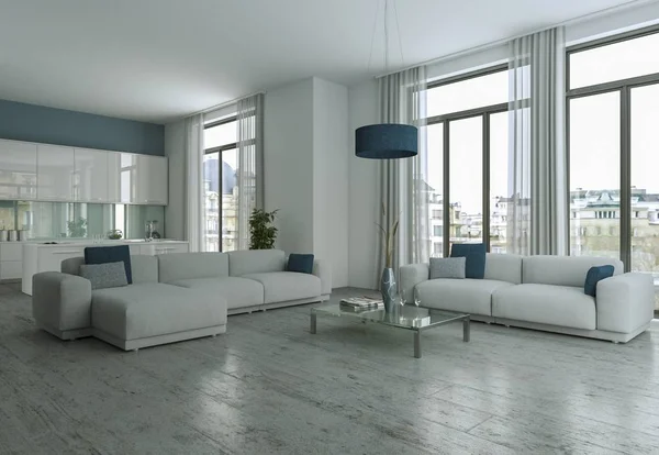 Modern bright flat interior design with sofas