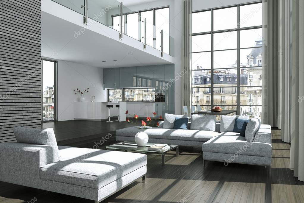 Modern bright loft with big Windows interior design