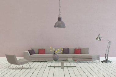 Mor duvar ile modern İskandinav tasarım gri kanepe