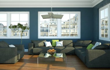 Modern aydınlık oturma odası iç tasarım kanepeler ile