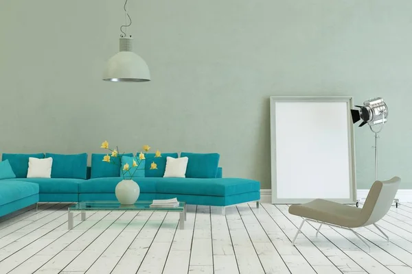 Sofá azul de diseño escandinavo moderno con pared gris — Foto de Stock